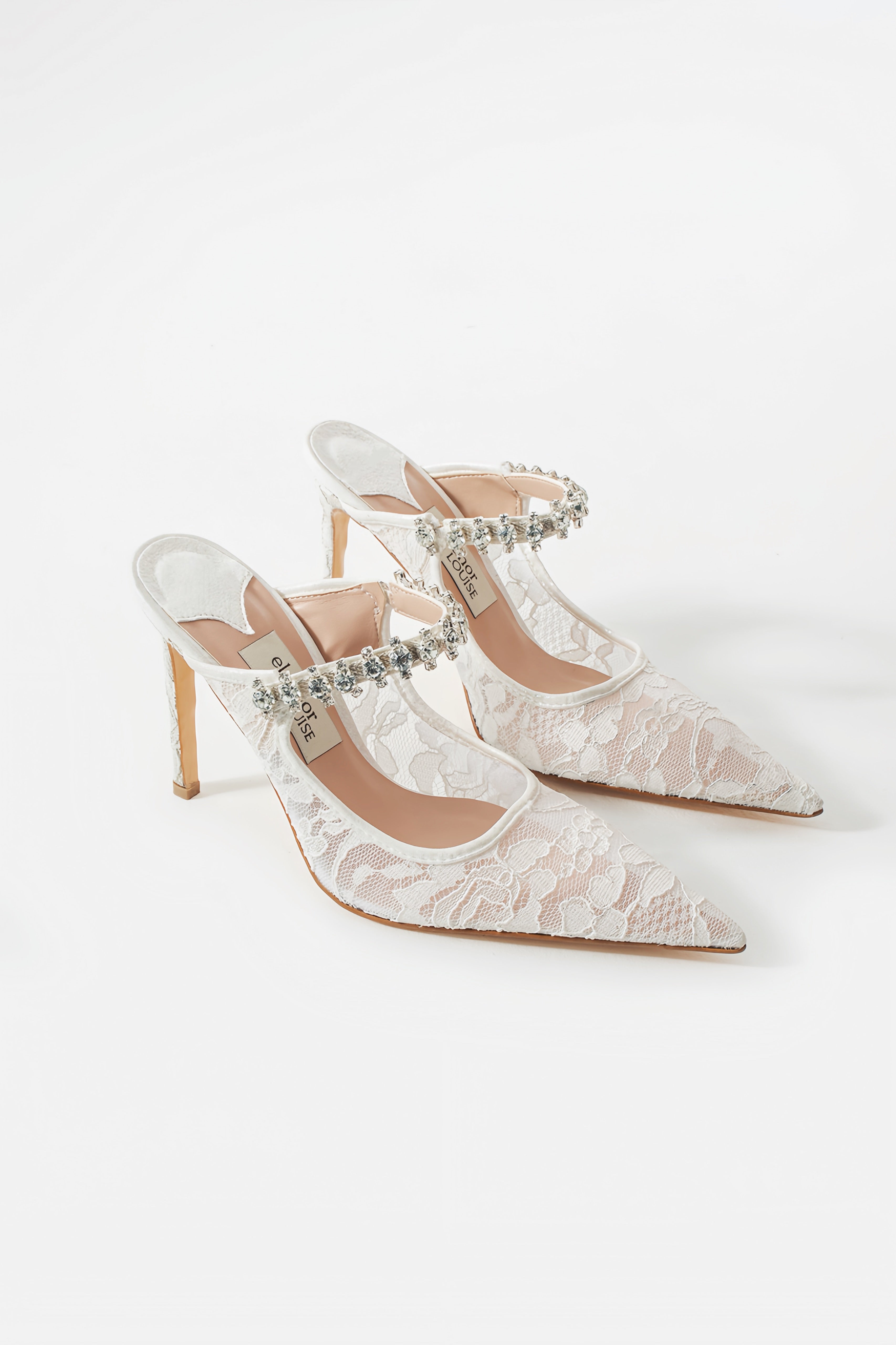 Serena | Ivory Lace High Heels with Rhinestone Strap