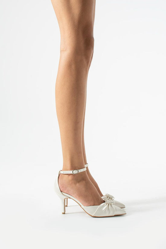 Léonie | Ivory Satin Mid Heels Bow with Heart Stone