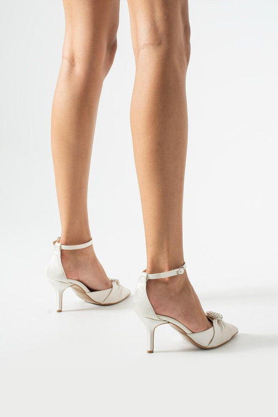 Léonie | Ivory Satin Mid Heels Bow with Heart Stone