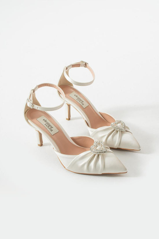 Léonie | Ivory Satin Mid Heels Bow with Heart Stone