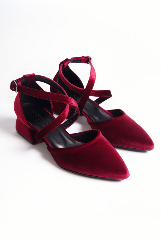 Svea | Burgundy Velvet Criss Cross Low Heels