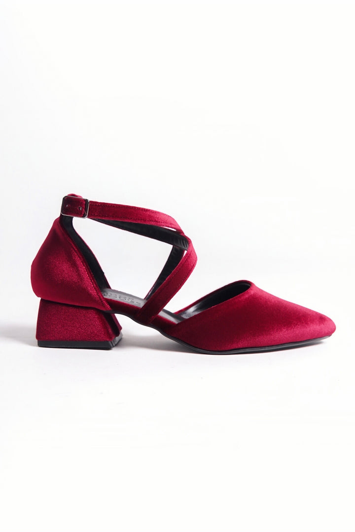 Svea | Burgundy Velvet Criss Cross Low Heels