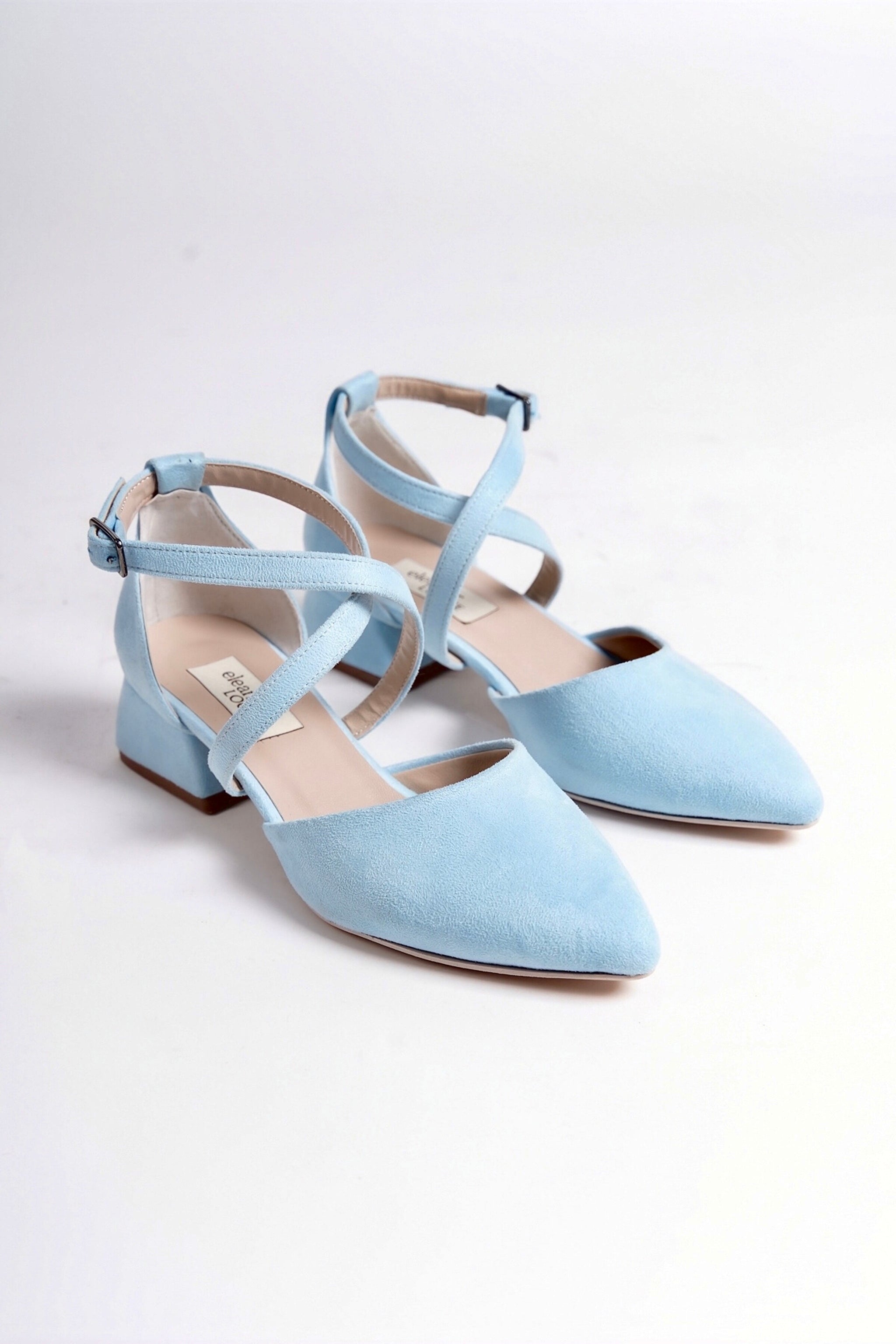 Lillian | Baby Blue Suede Criss Cross Low Heels