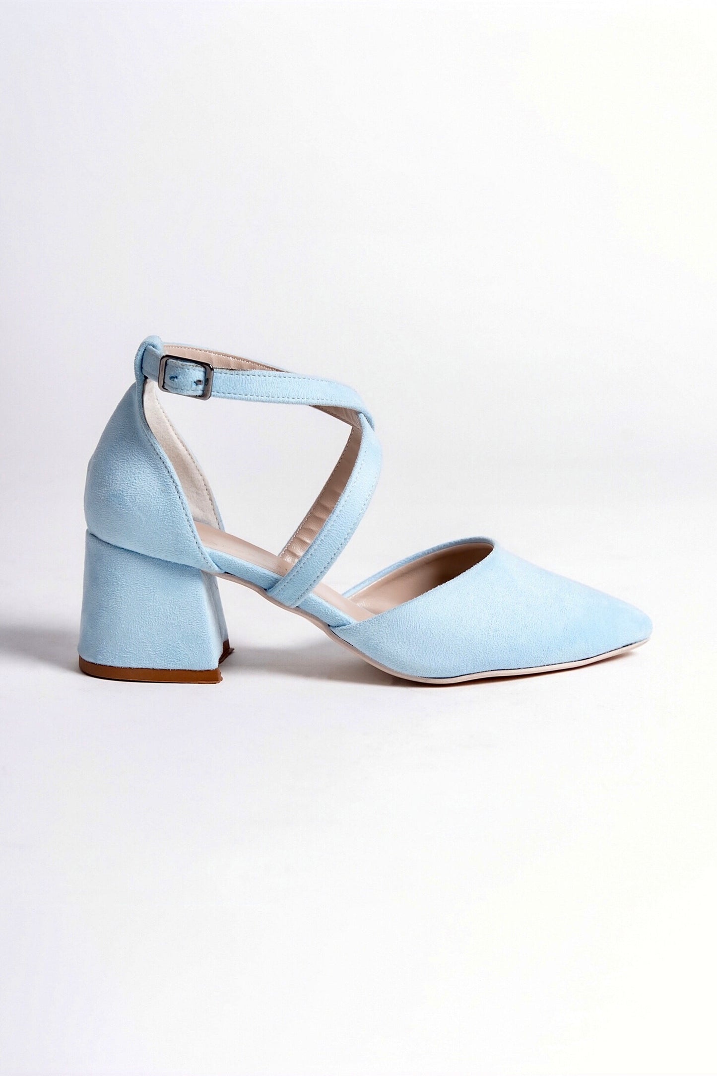 Elsinore | Baby Blue Suede Criss Cross Mid Heels