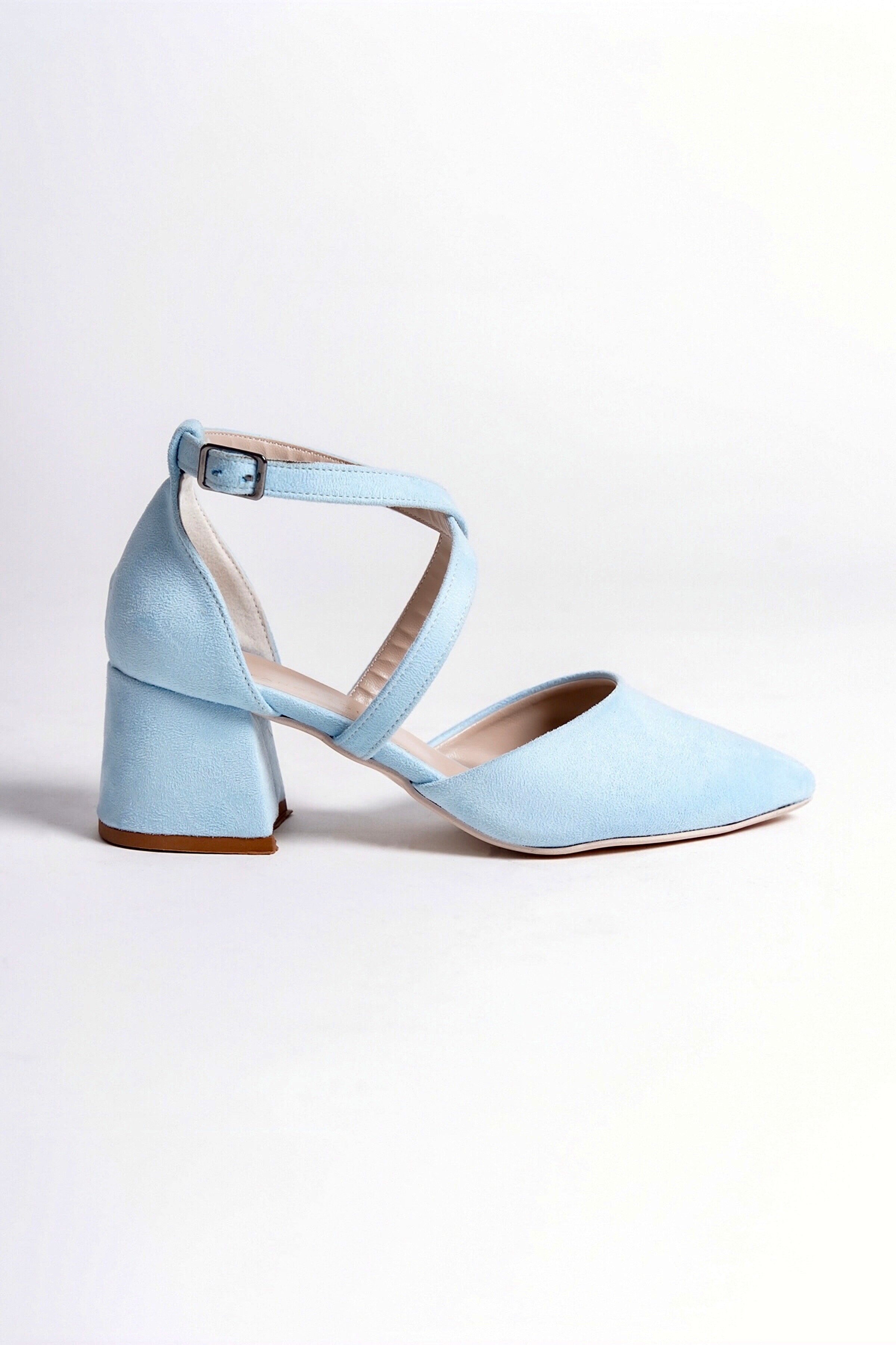 Elsinore | Baby Blue Suede Criss Cross Mid Heels