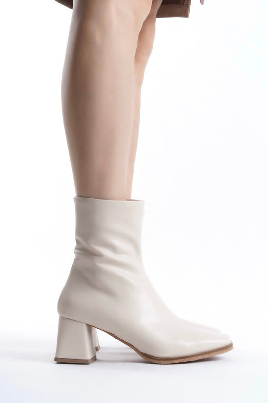 Beige Leather Square Toe Heeled Ankle Boots