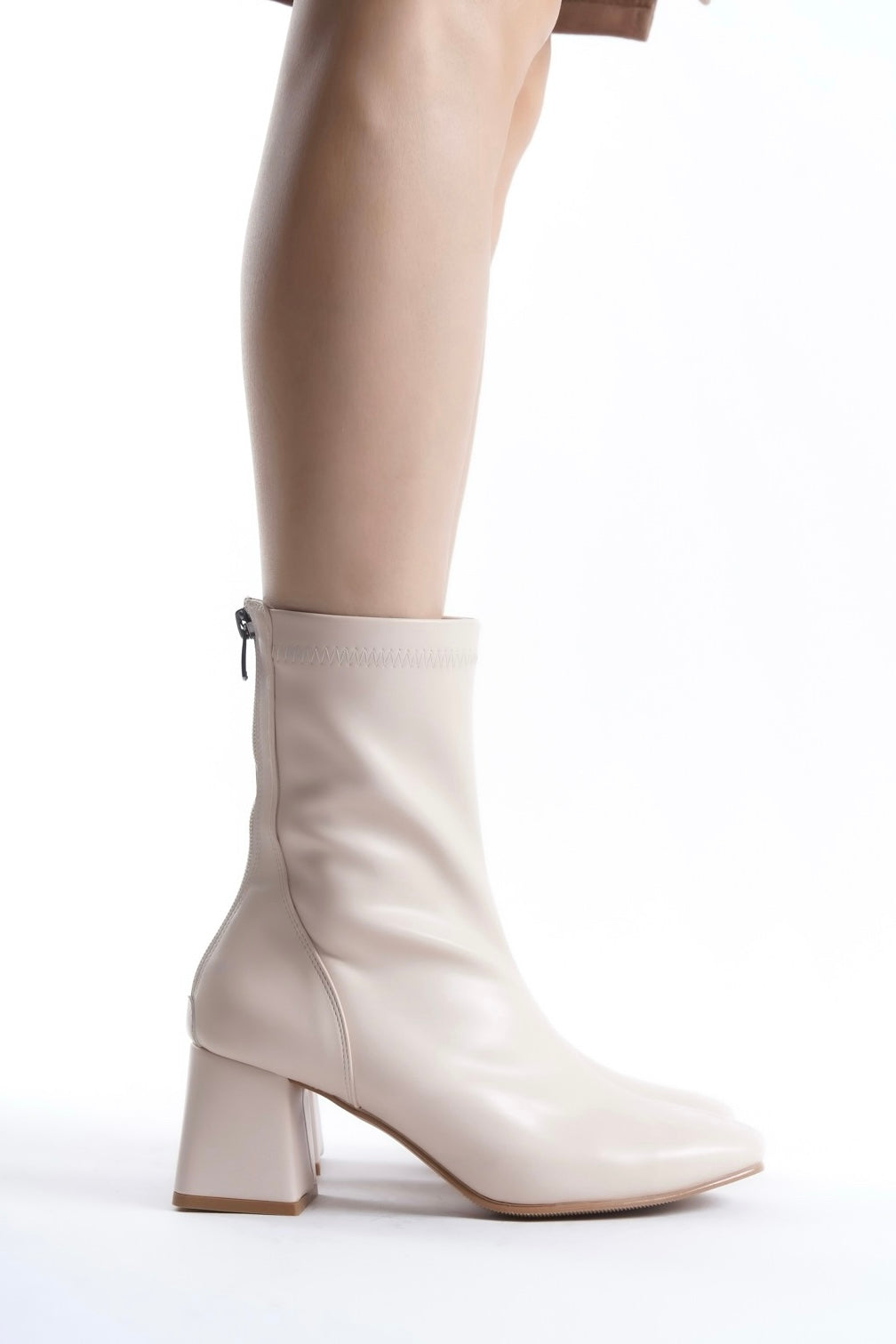 Beige Leather Heeled Ankle Strech Boots