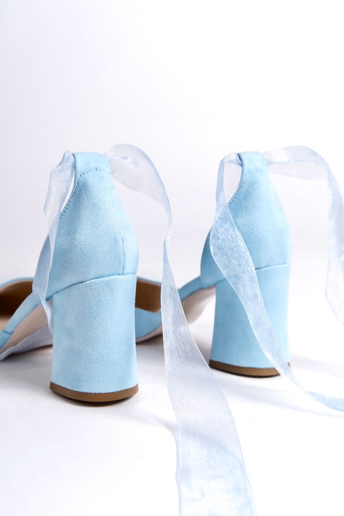 Quintessa | Baby Blue Suede High Heels with Tulle Ribbon