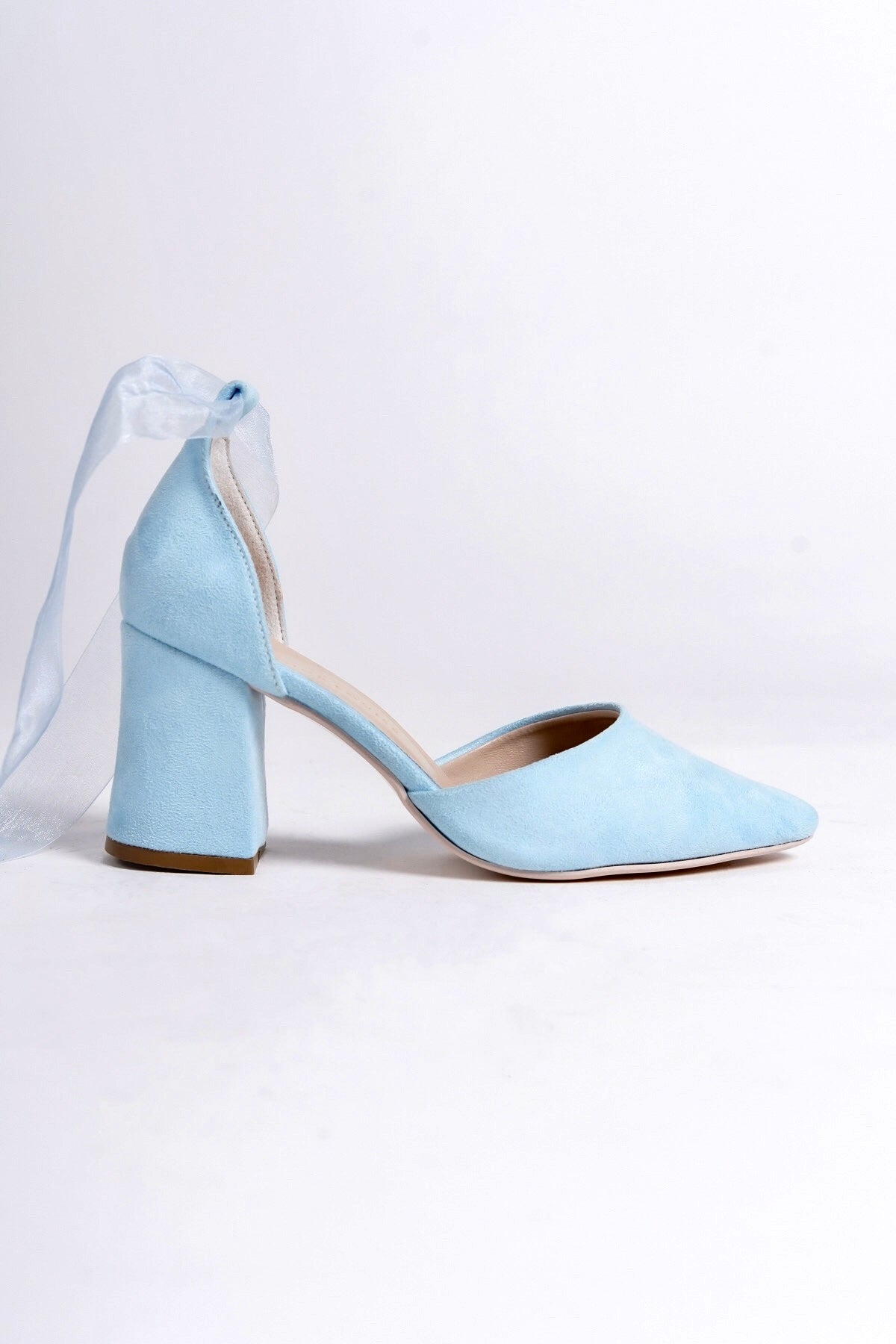 Quintessa | Baby Blue Suede High Heels with Tulle Ribbon