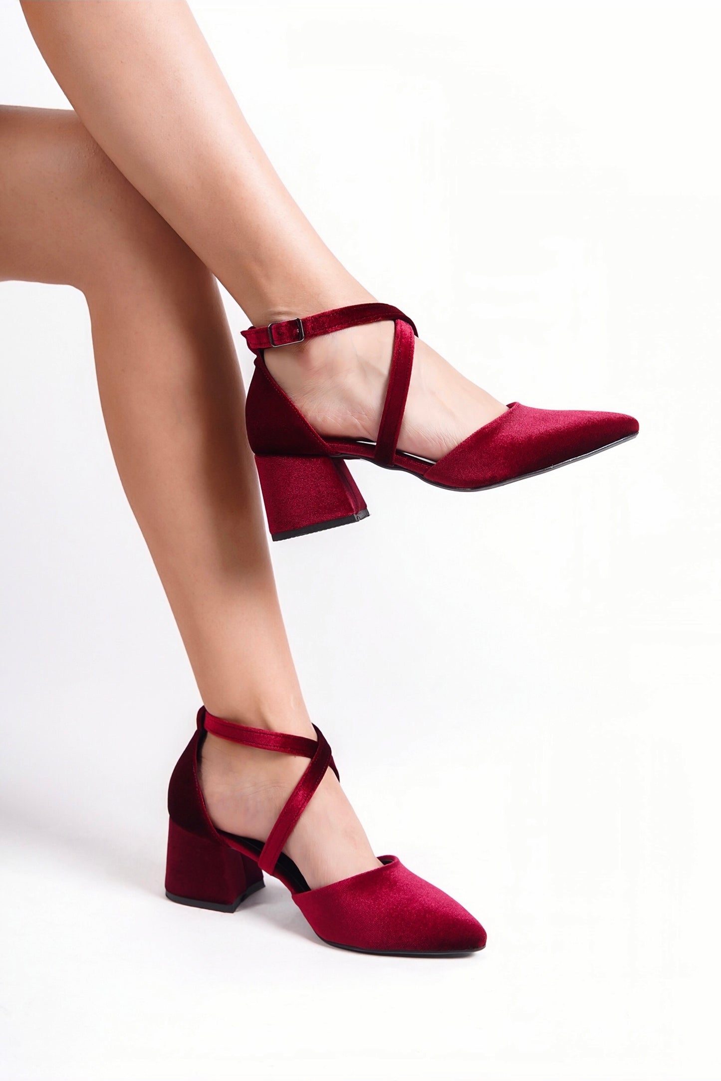 Jovita | Burgundy Velvet Criss Cross Mid Heels