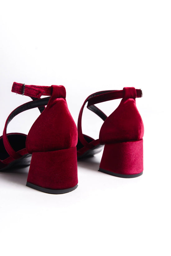 Jovita | Burgundy Velvet Criss Cross Mid Heels