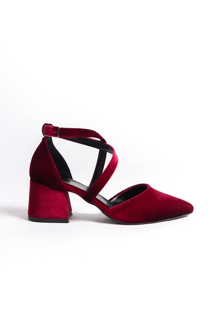 Jovita | Burgundy Velvet Criss Cross Mid Heels