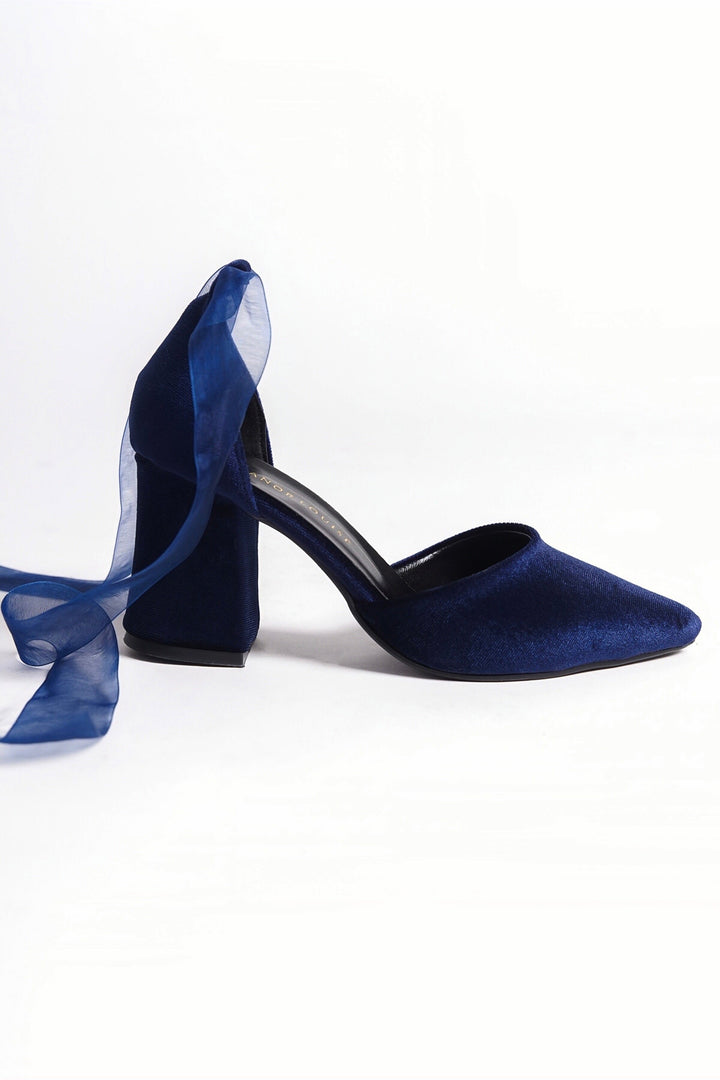 Callidora | Navy Velvet High Heels with Tulle Ribbon