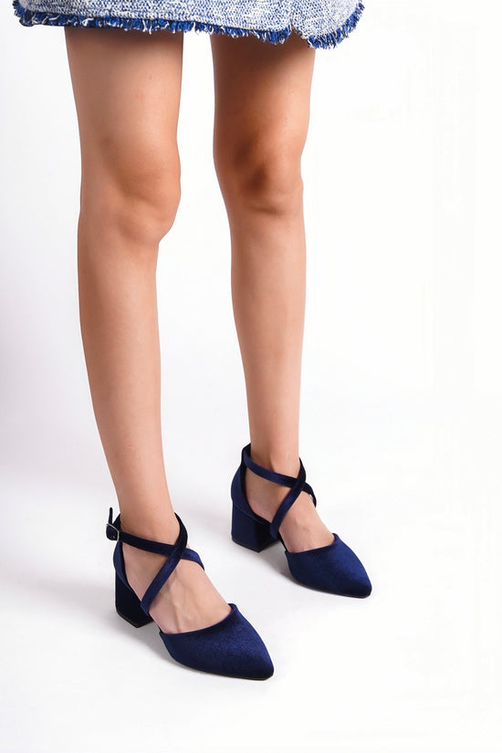 Philomela | Navy Velvet Criss Cross Mid Heels