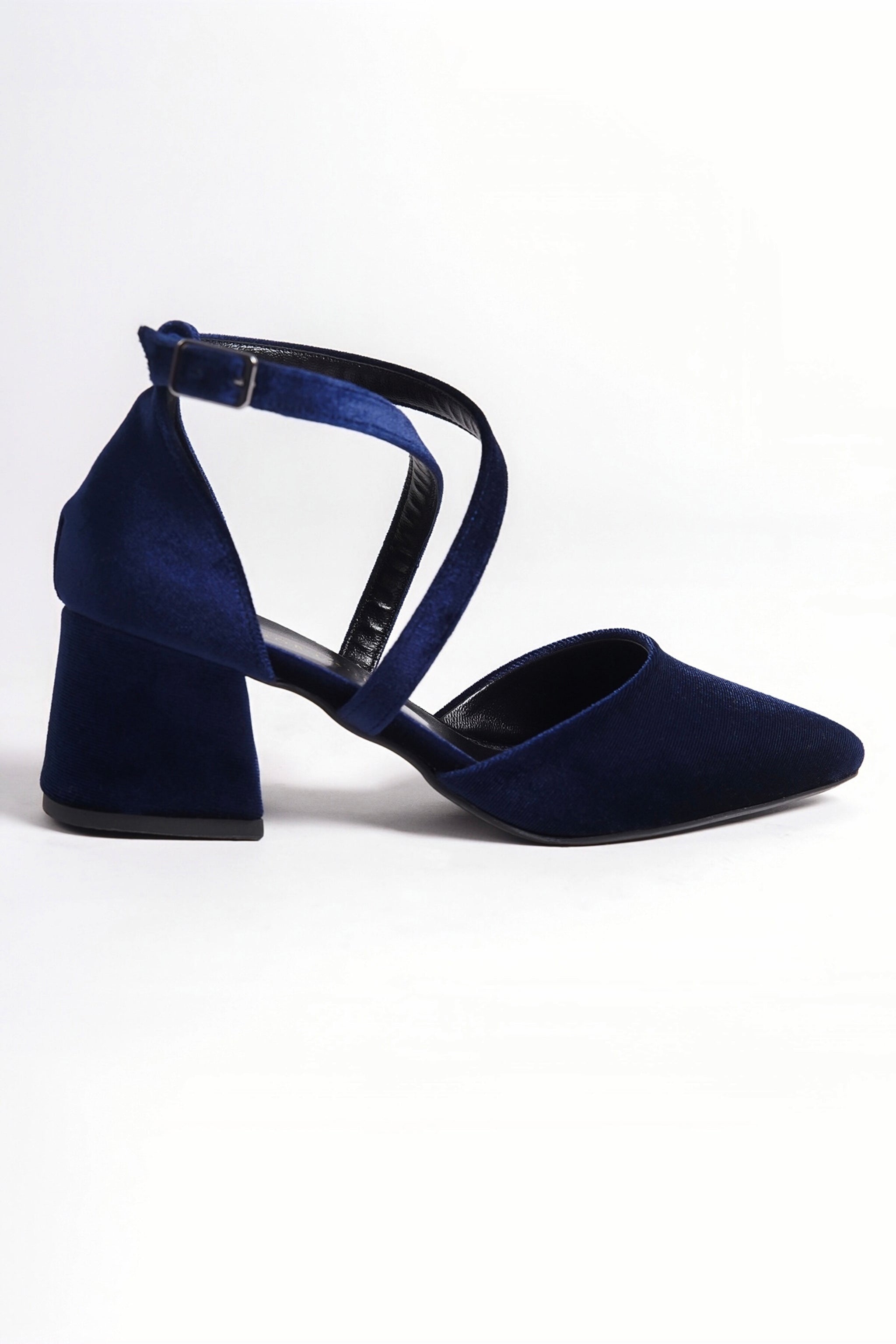 Philomela | Navy Velvet Criss Cross Mid Heels