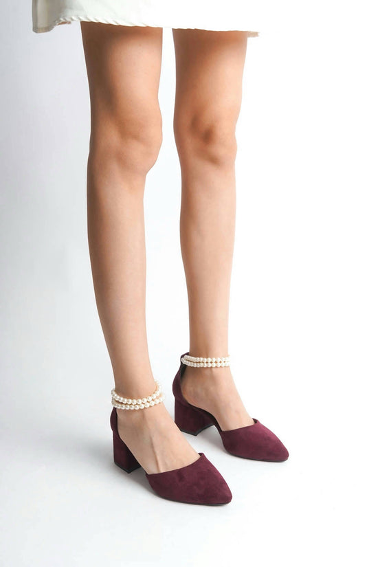 Margot | Burgundy Suede Mid Heels with Pearls