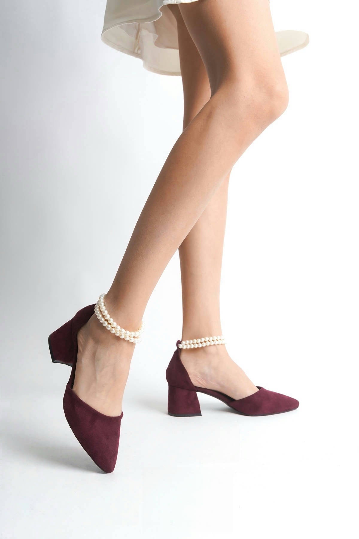 Margot | Burgundy Suede Mid Heels with Pearls