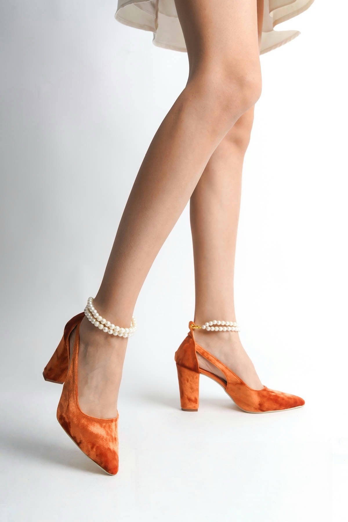 Audrey | Orange Velvet High Heels with Pearls