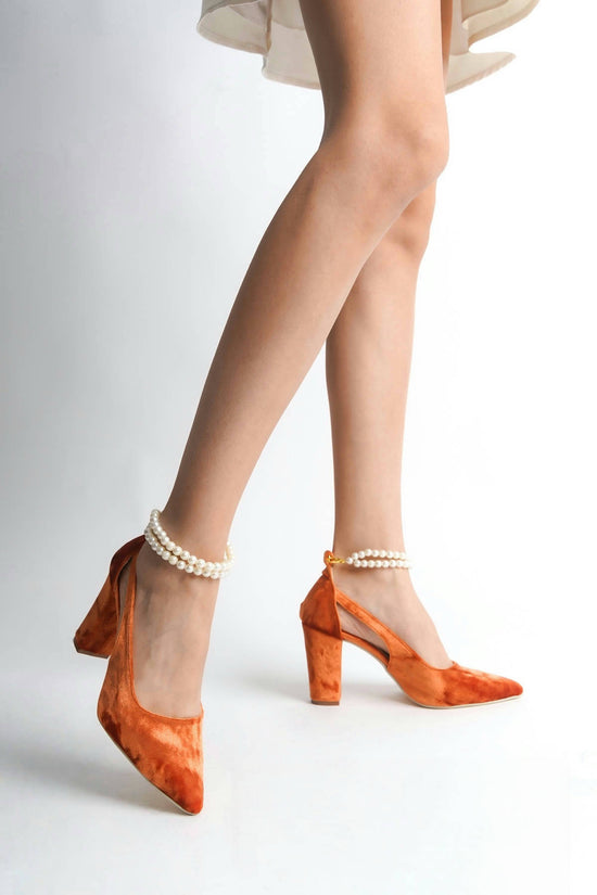 Audrey | Orange Velvet High Heels with Pearls