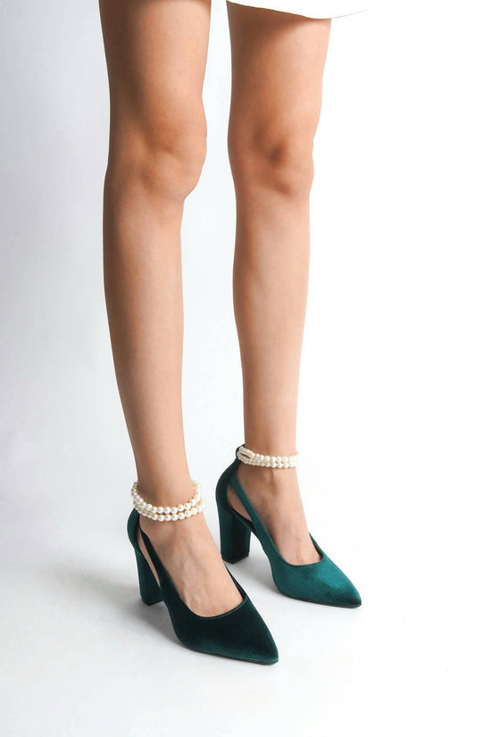 Andrea | Emerald Green Velvet High Heels with Pearls