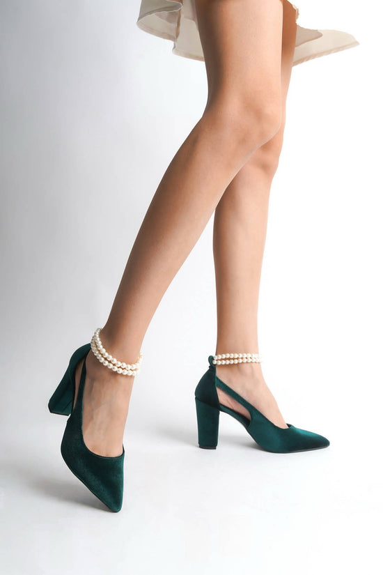 Andrea | Emerald Green Velvet High Heels with Pearls
