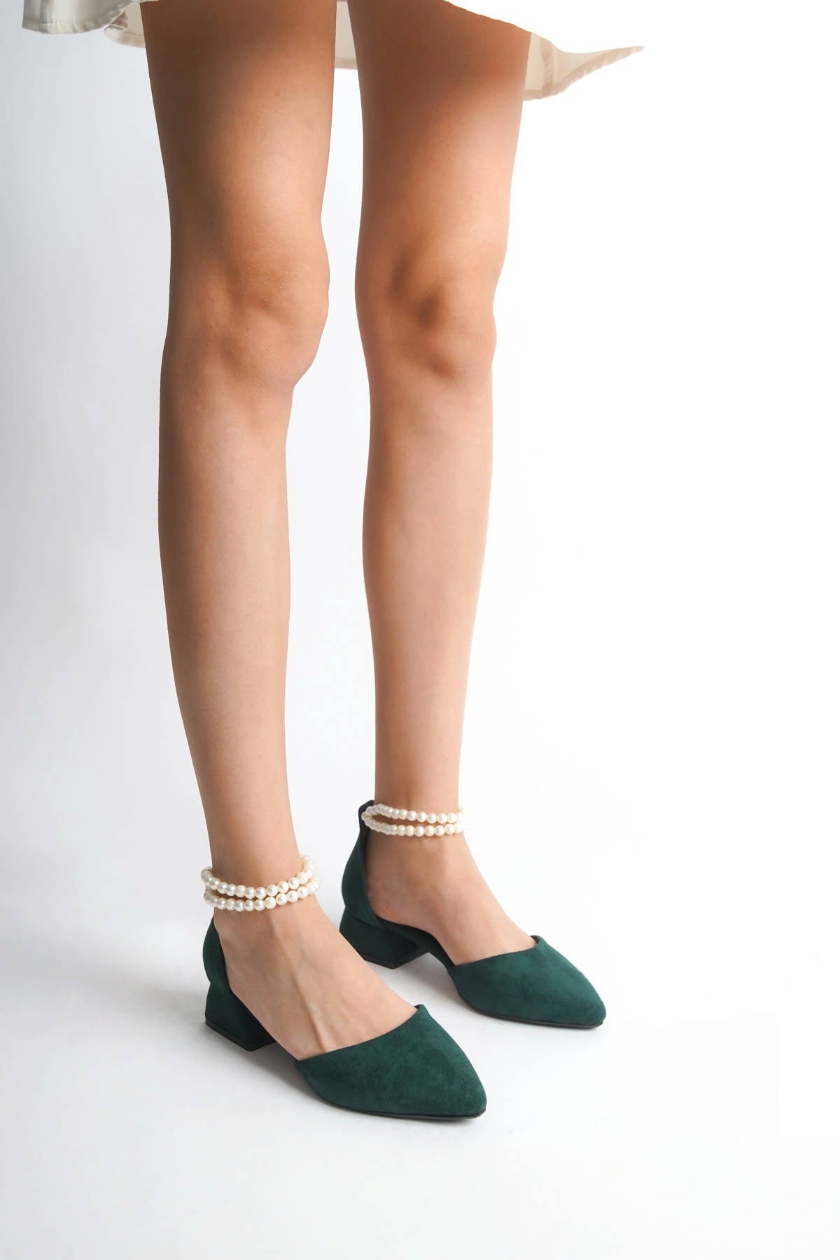 Nell | Emerald Green Suede Low Heels with Pearls