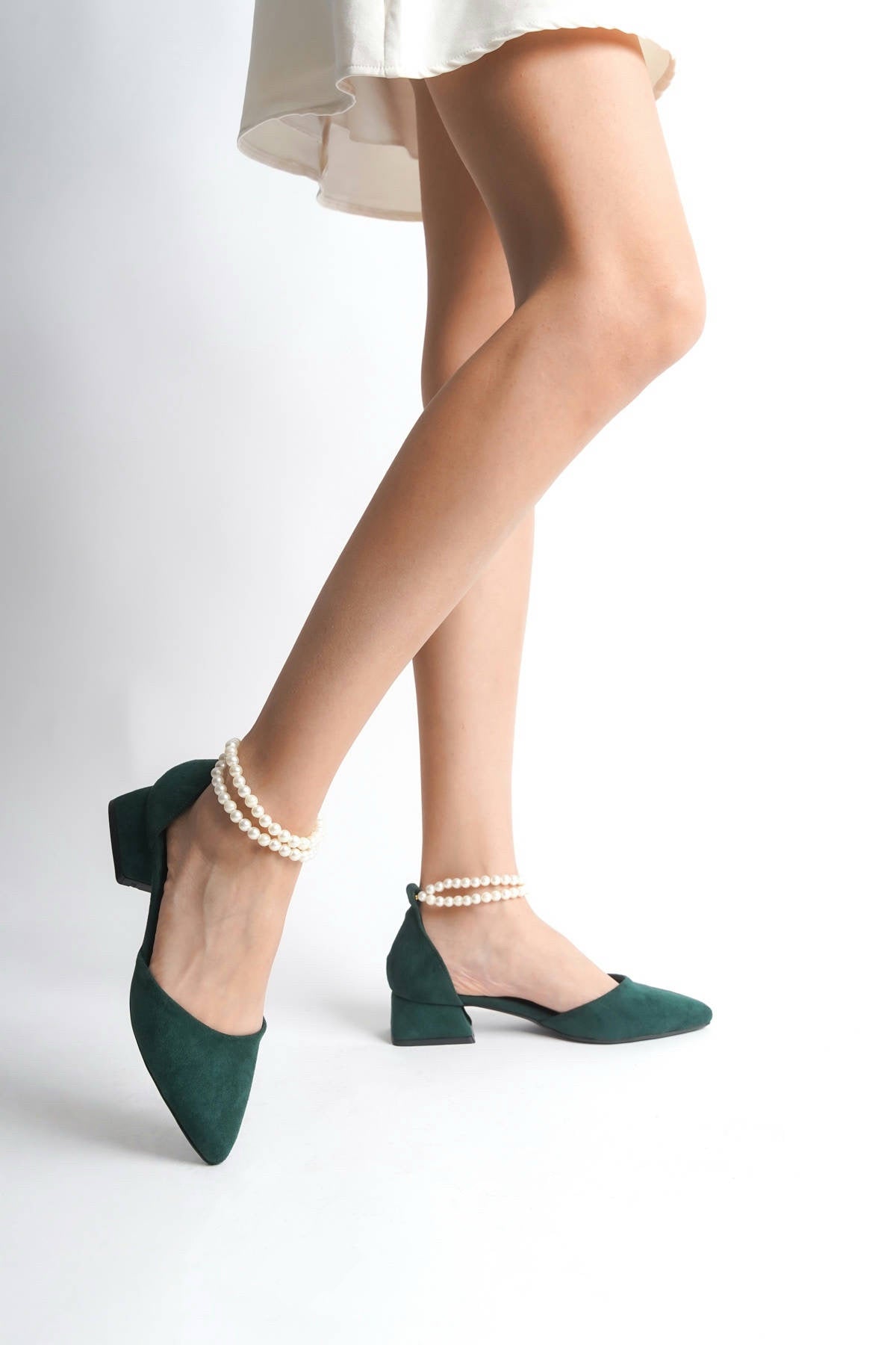 Nell | Emerald Green Suede Low Heels with Pearls