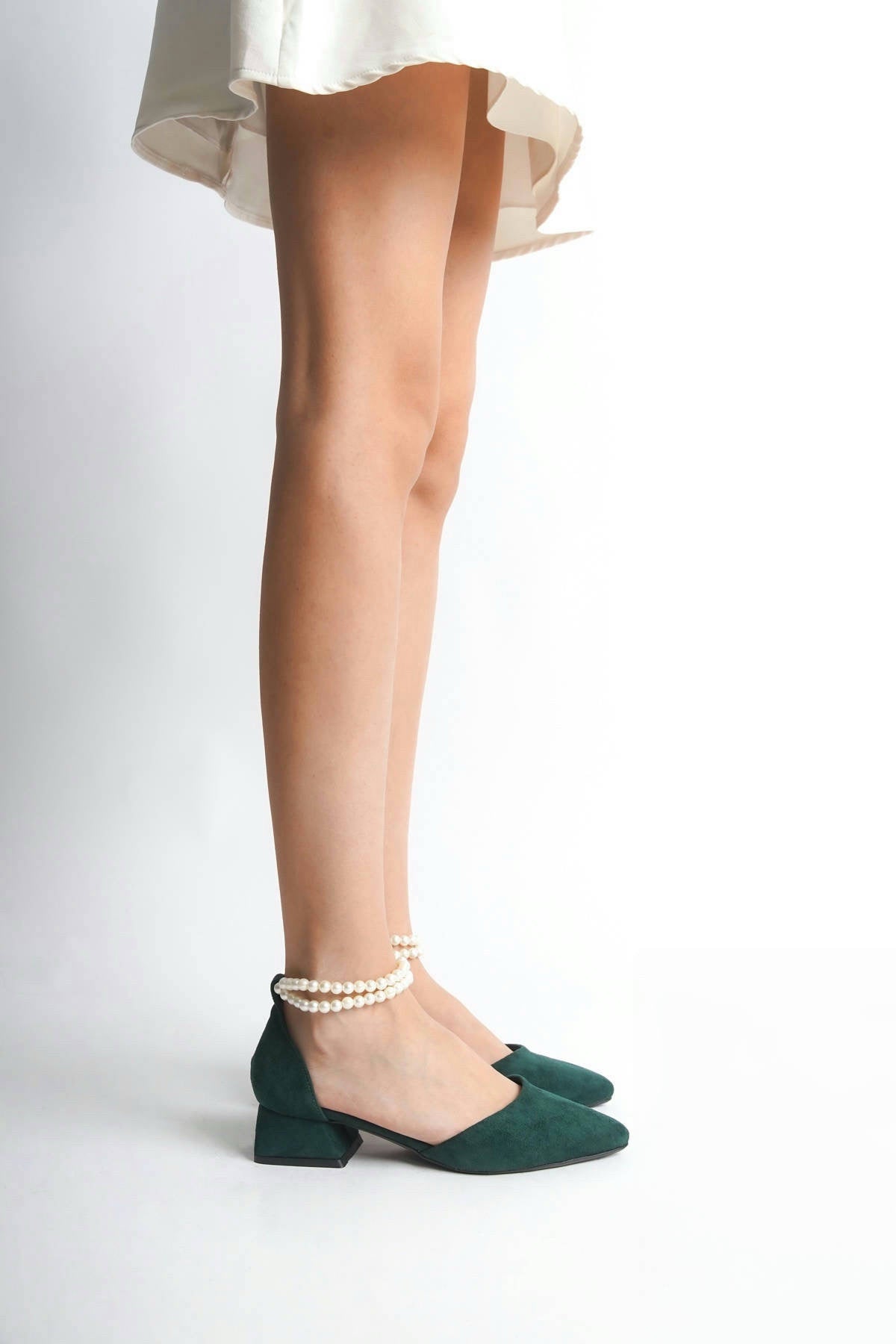 Nell | Emerald Green Suede Low Heels with Pearls