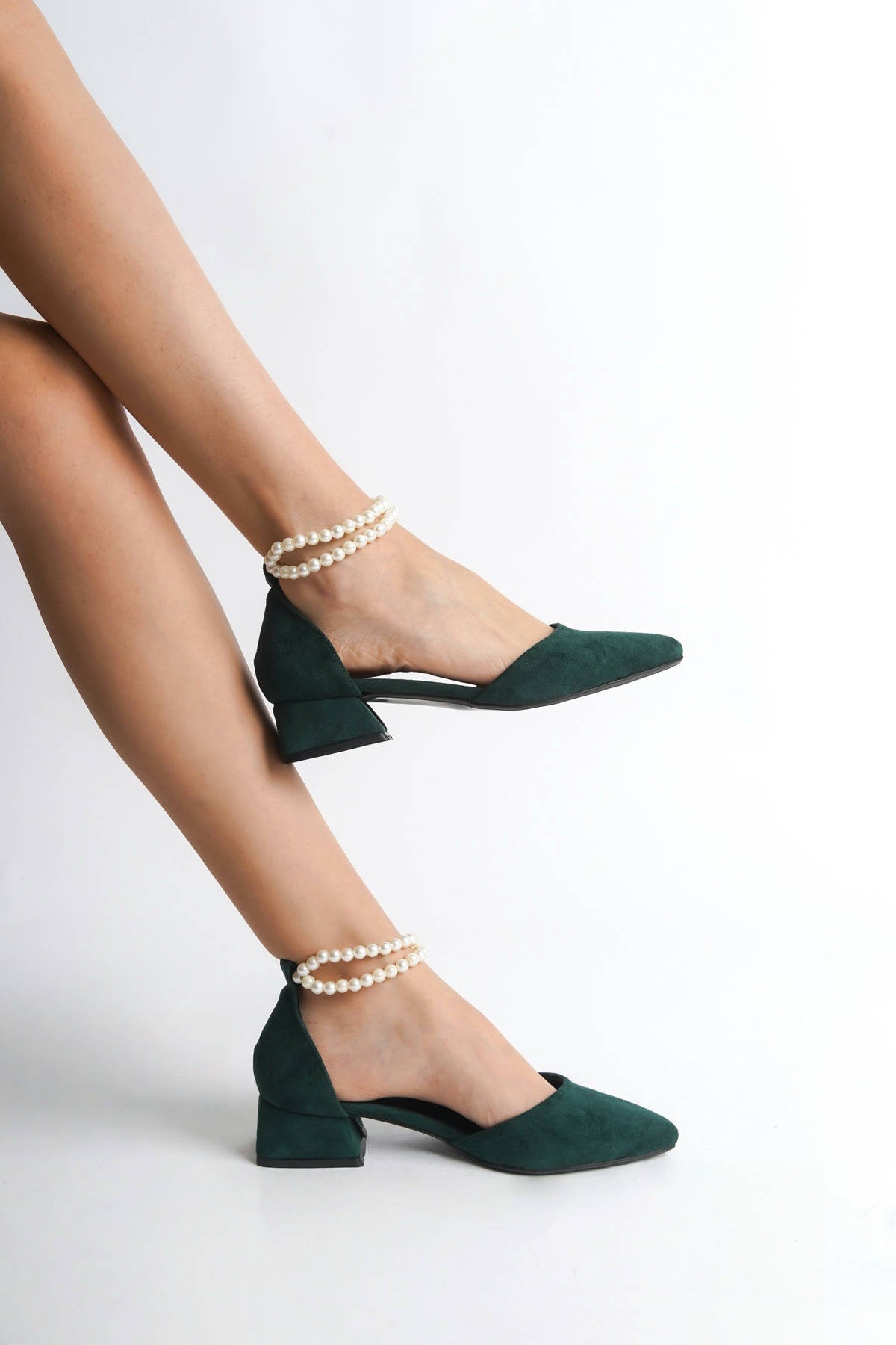 Nell | Emerald Green Suede Low Heels with Pearls