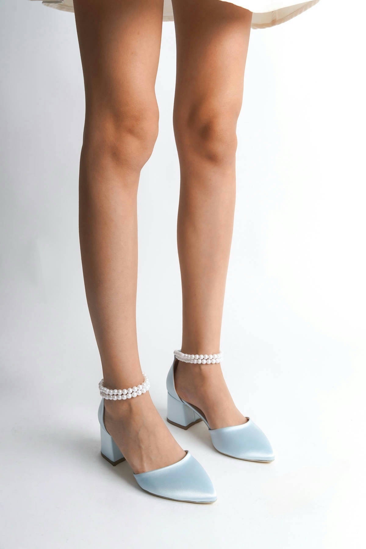 Lara | Baby Blue Satin Mid Heels with Pearls