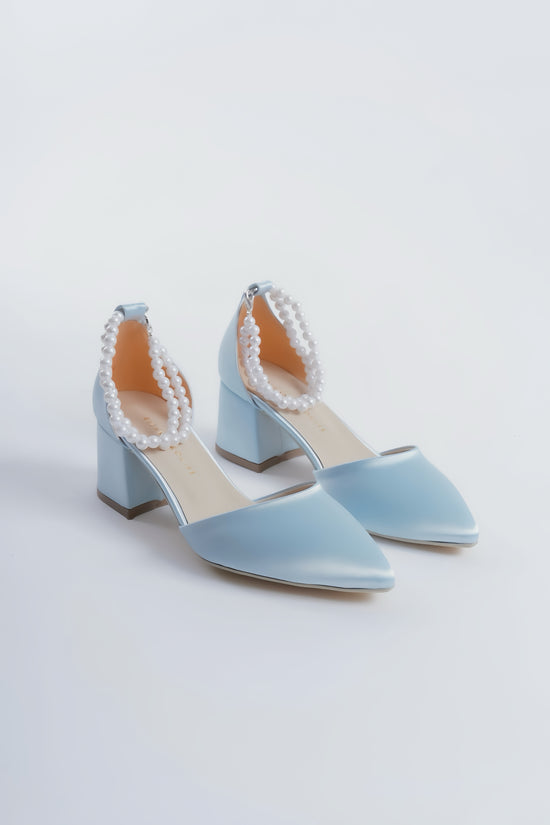 Lara | Baby Blue Satin Mid Heels with Pearls