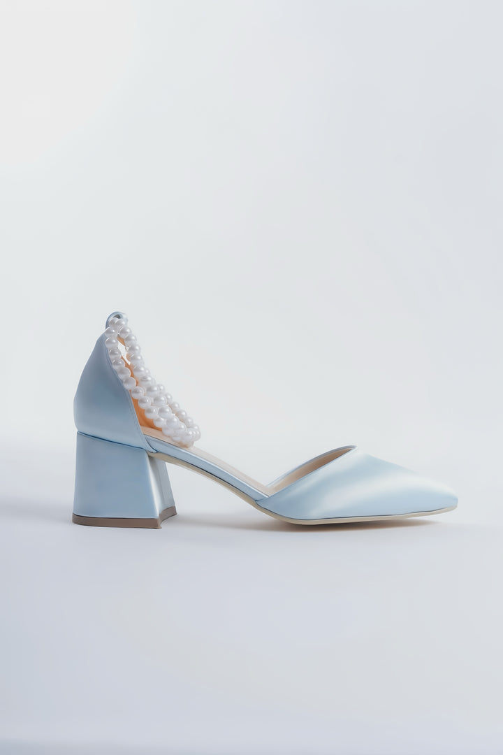 Lara | Baby Blue Satin Mid Heels with Pearls