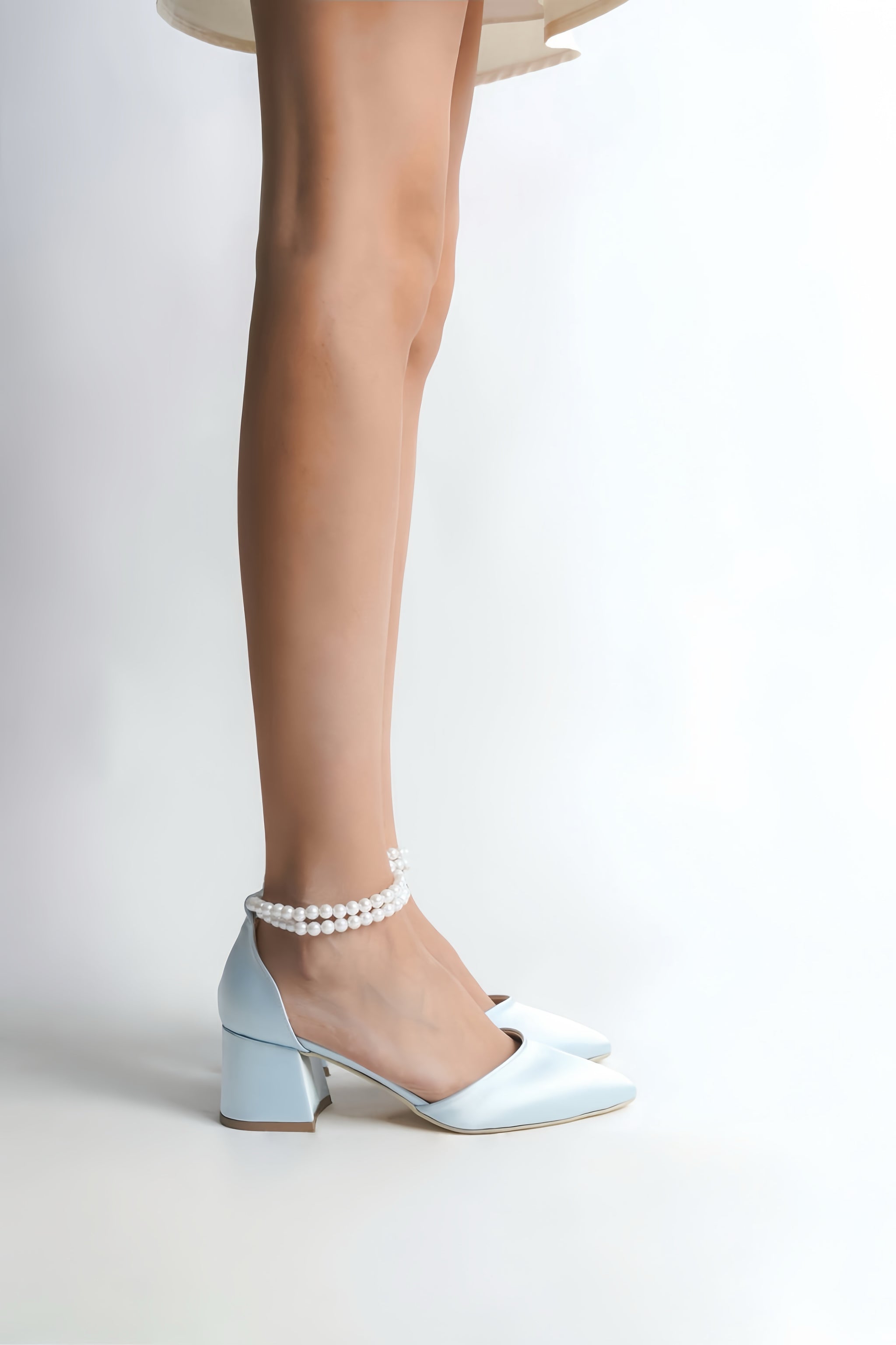 Lara | Baby Blue Satin Mid Heels with Pearls