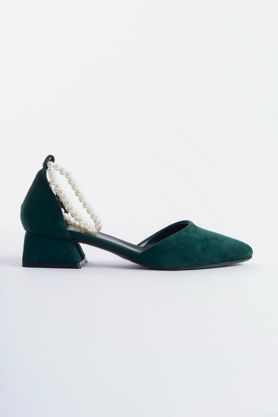 Nell | Emerald Green Suede Low Heels with Pearls