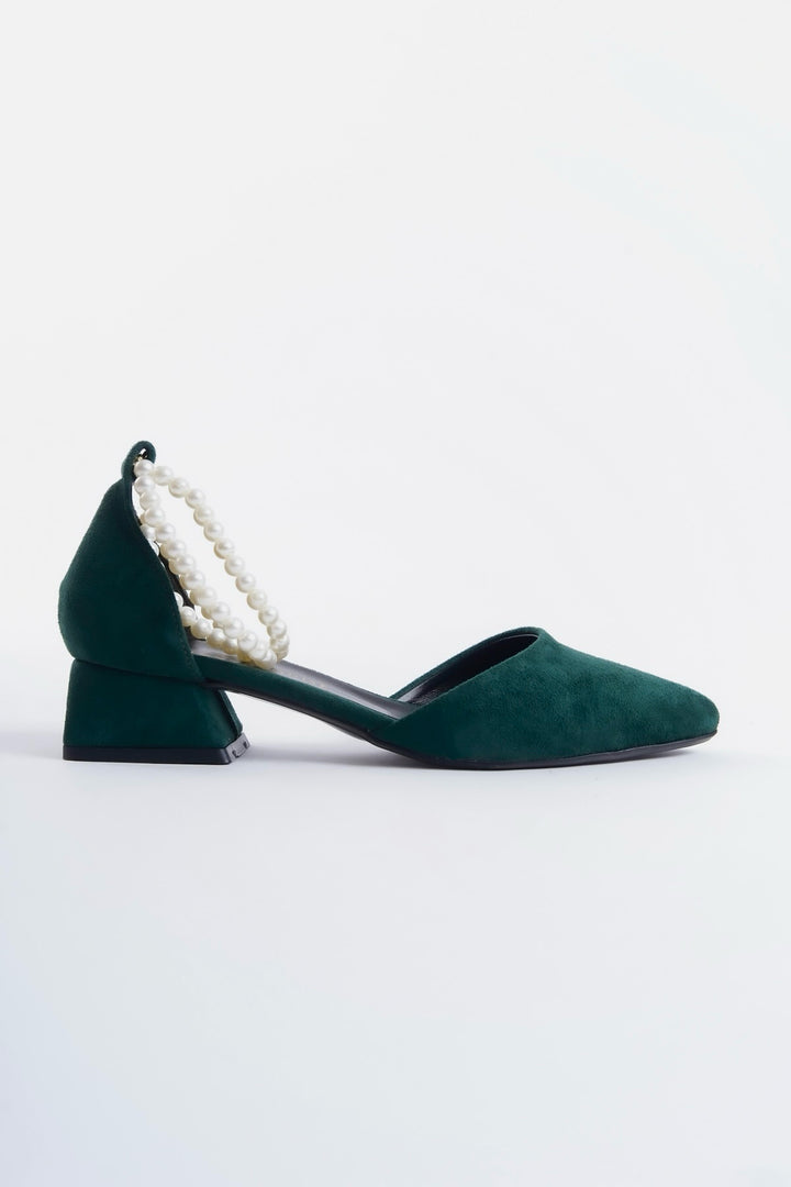 Nell | Emerald Green Suede Low Heels with Pearls
