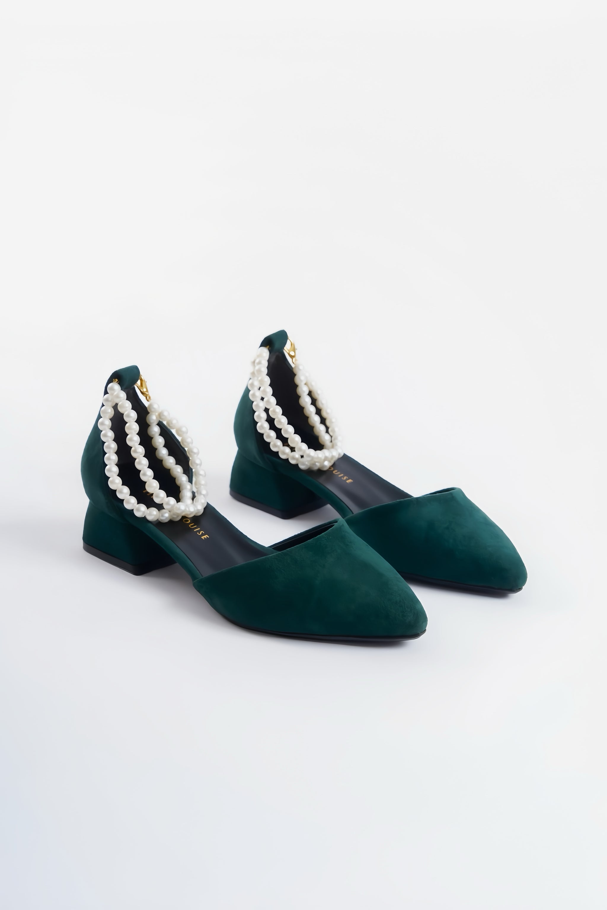 Nell | Emerald Green Suede Low Heels with Pearls