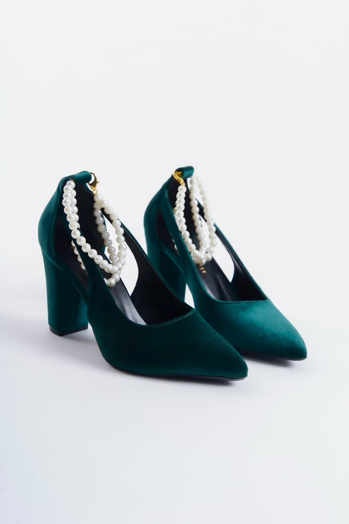 Andrea | Emerald Green Velvet High Heels with Pearls