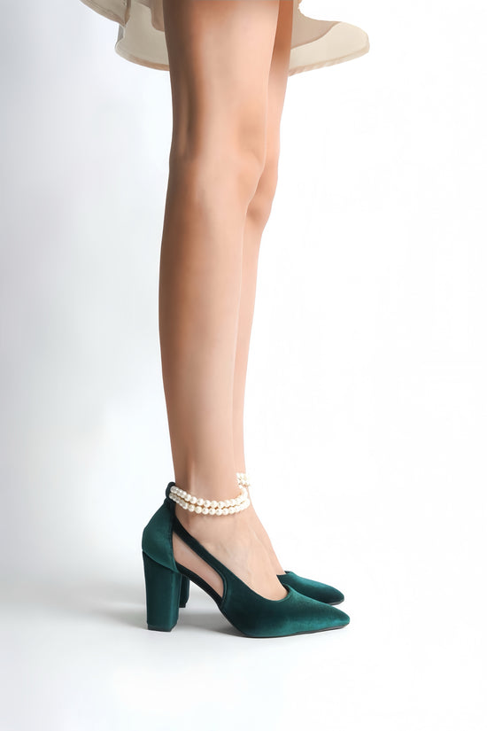 Andrea | Emerald Green Velvet High Heels with Pearls