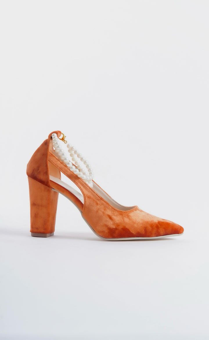 Audrey | Orange Velvet High Heels with Pearls