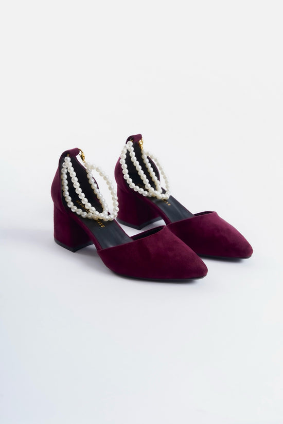 Margot | Burgundy Suede Mid Heels with Pearls