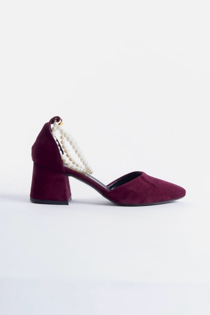 Margot | Burgundy Suede Mid Heels with Pearls