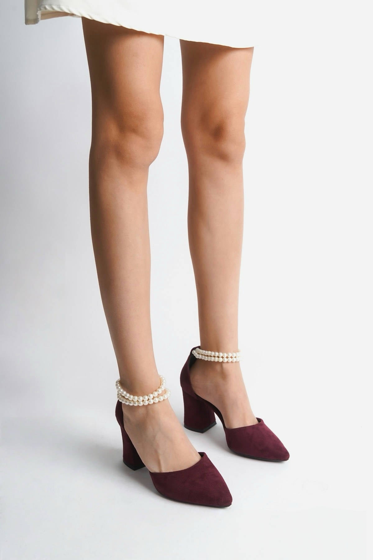 Marjorie | Burgundy Suede High Heels with Pearls