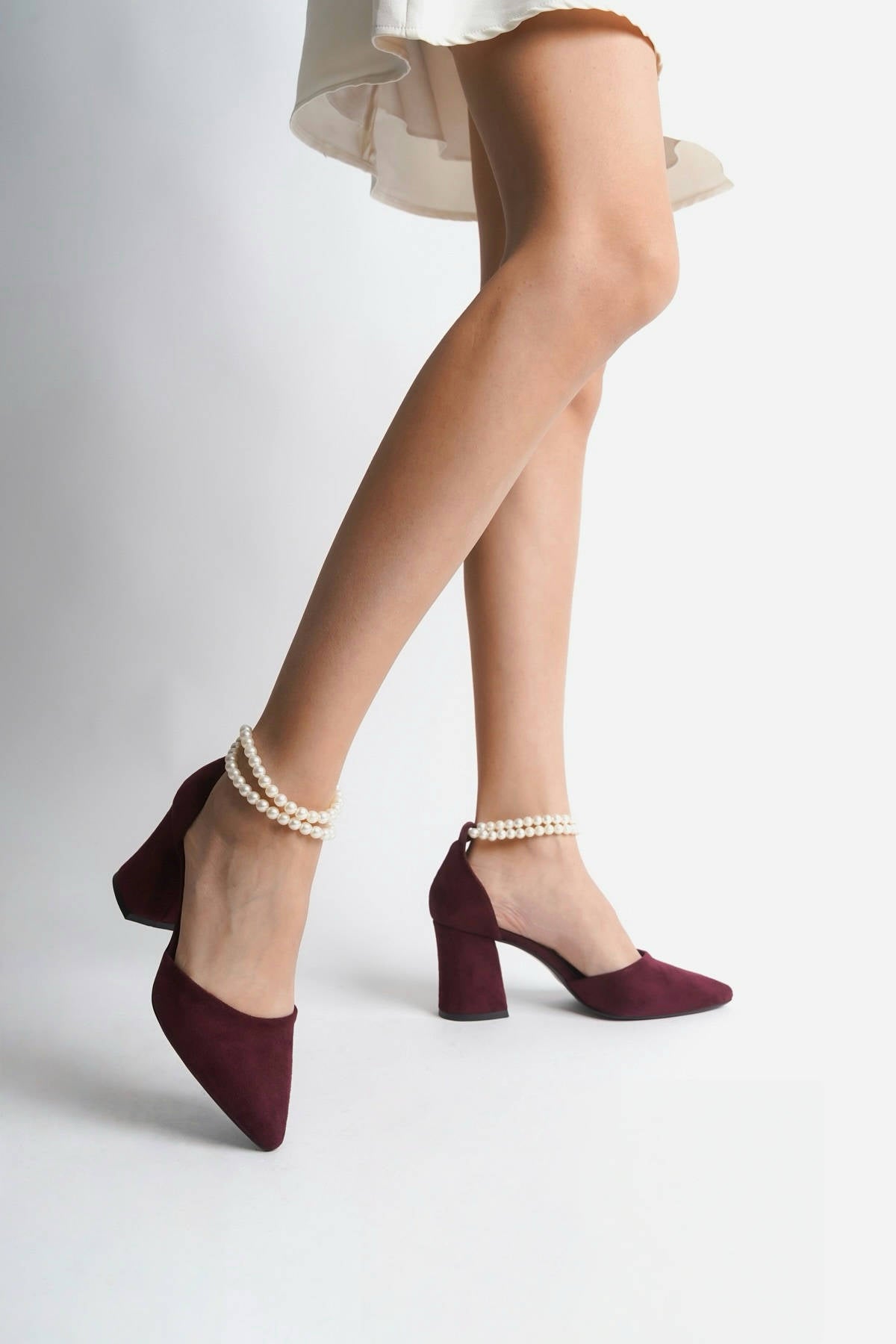 Marjorie | Burgundy Suede High Heels with Pearls