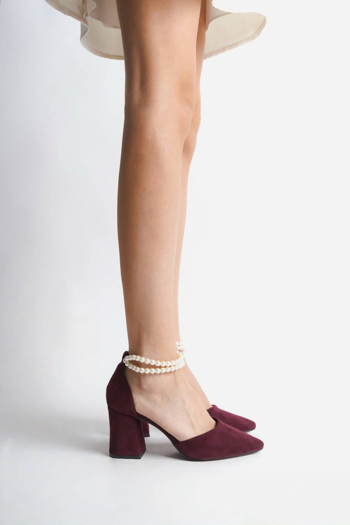 Marjorie | Burgundy Suede High Heels with Pearls