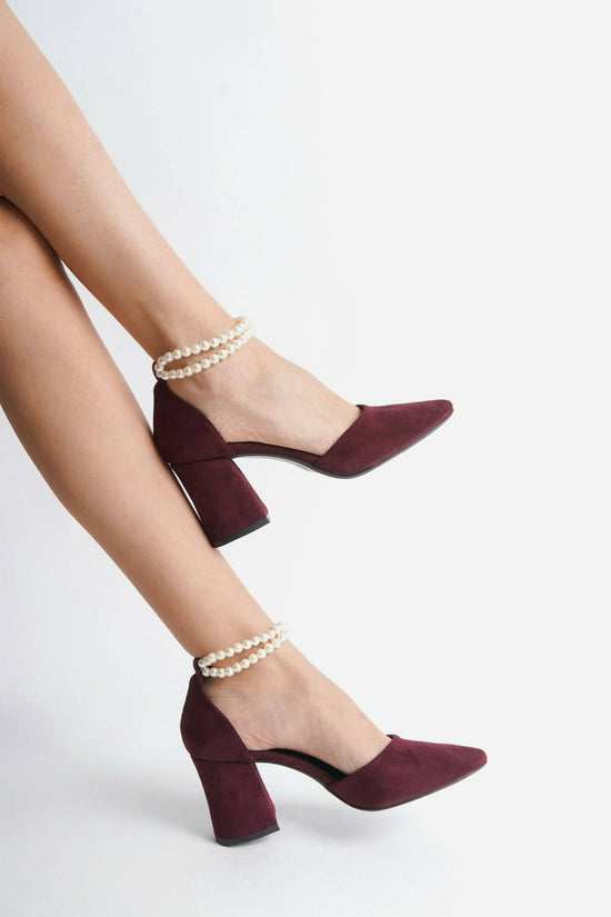 Marjorie | Burgundy Suede High Heels with Pearls