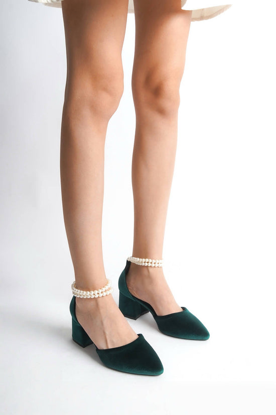 Lucille | Emerald Green Velvet Mid Heels with Pearls