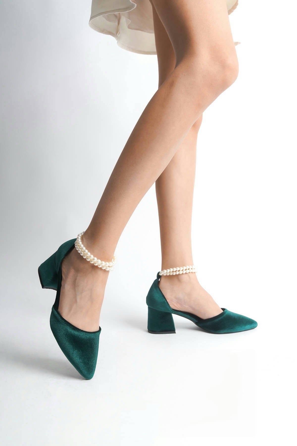 Lucille | Emerald Green Velvet Mid Heels with Pearls