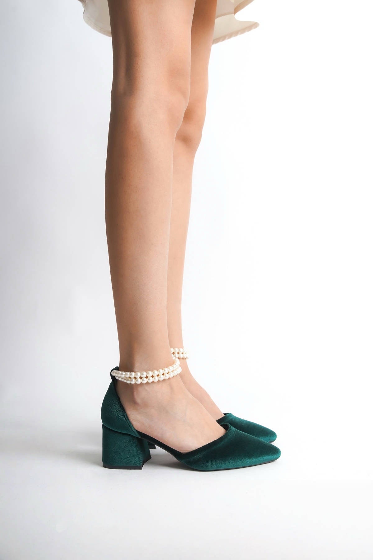 Lucille | Emerald Green Velvet Mid Heels with Pearls