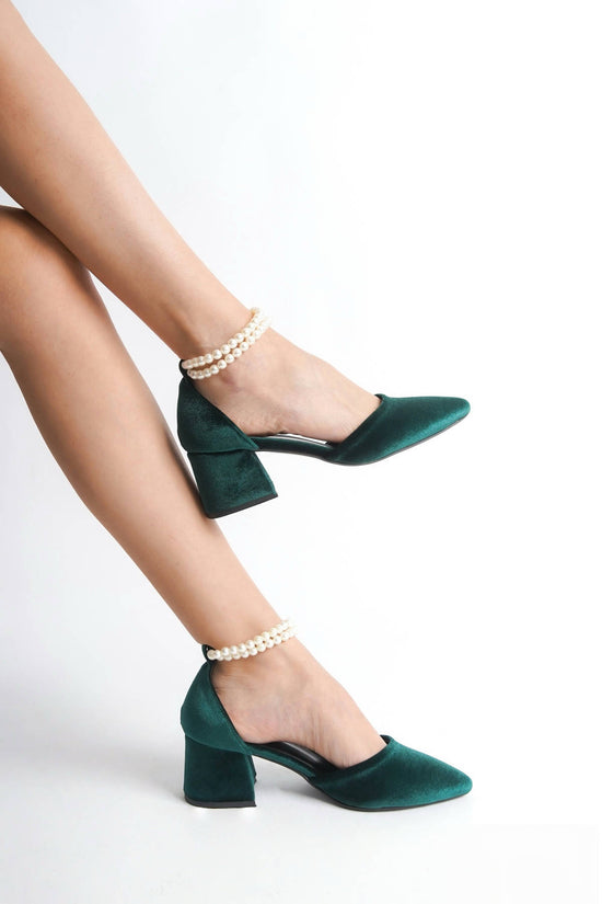 Lucille | Emerald Green Velvet Mid Heels with Pearls