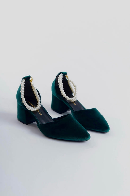 Lucille | Emerald Green Velvet Mid Heels with Pearls